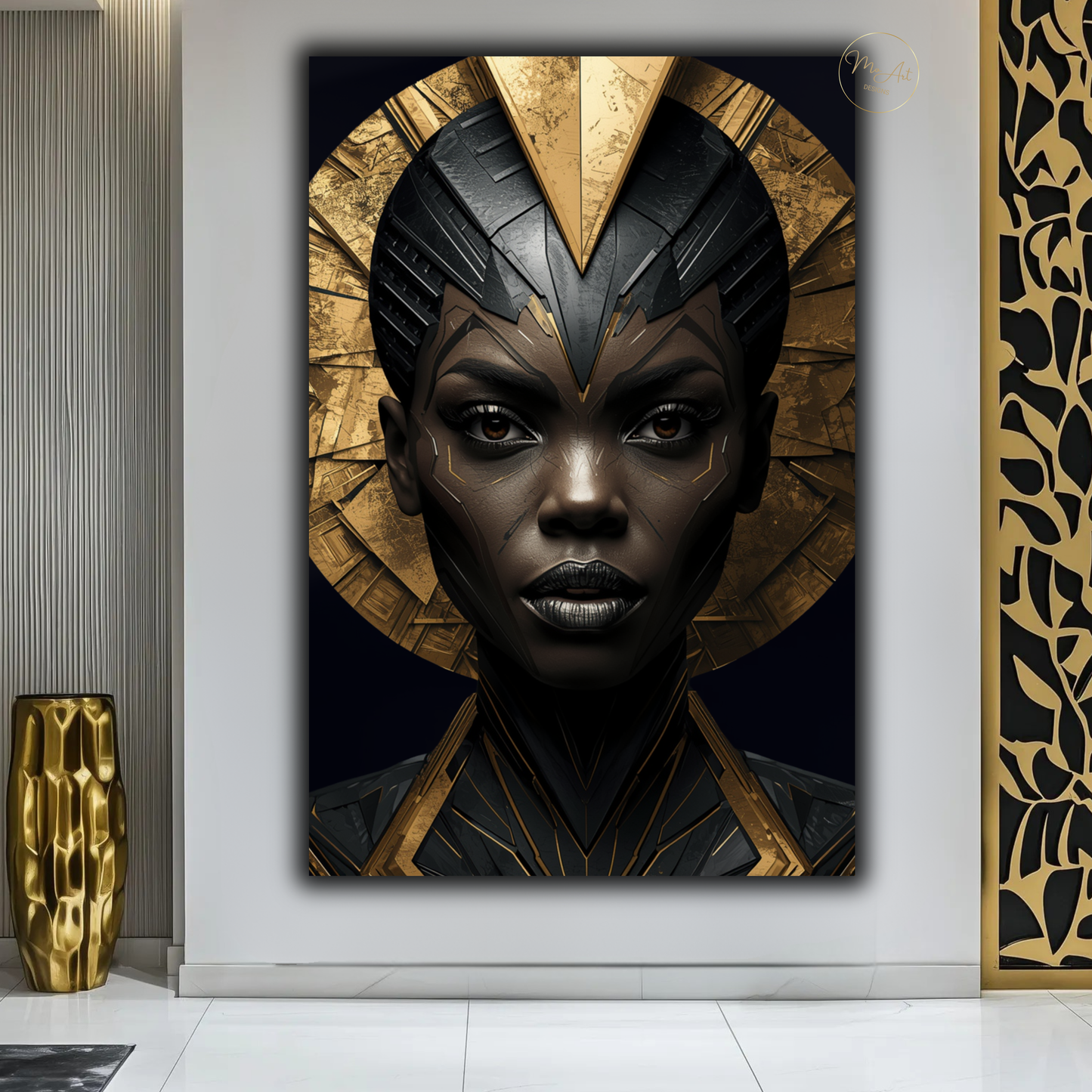 Black Woman Wall Art – Bold African Warrior Goddess | Premium Black & Gold Canvas Print