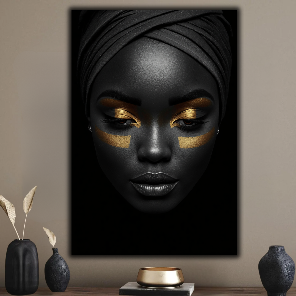 Black Woman Wall Art – Gilded Essence | Black & Gold  Luxury Portrait Canvas Print