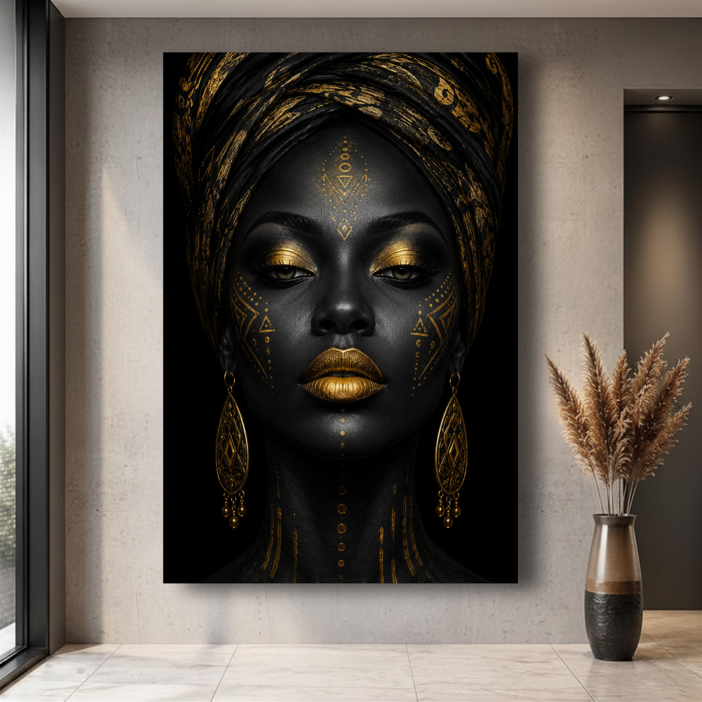 Black Woman Wall Art – Abstract Afrocentric Canvas Print | Black & Gold Wall Decor