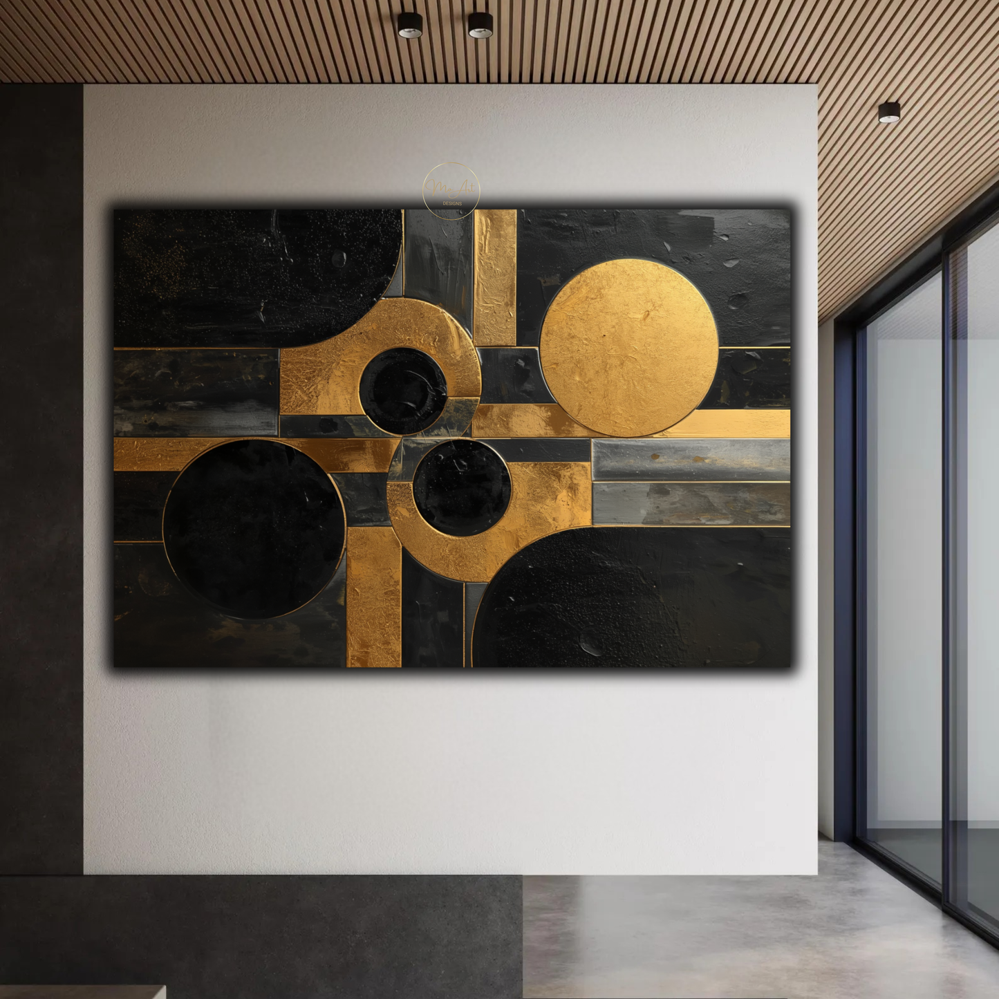 Black & Gold Geometric Abstract Wall Art – Luxury Modern Circle & Square Canvas Print