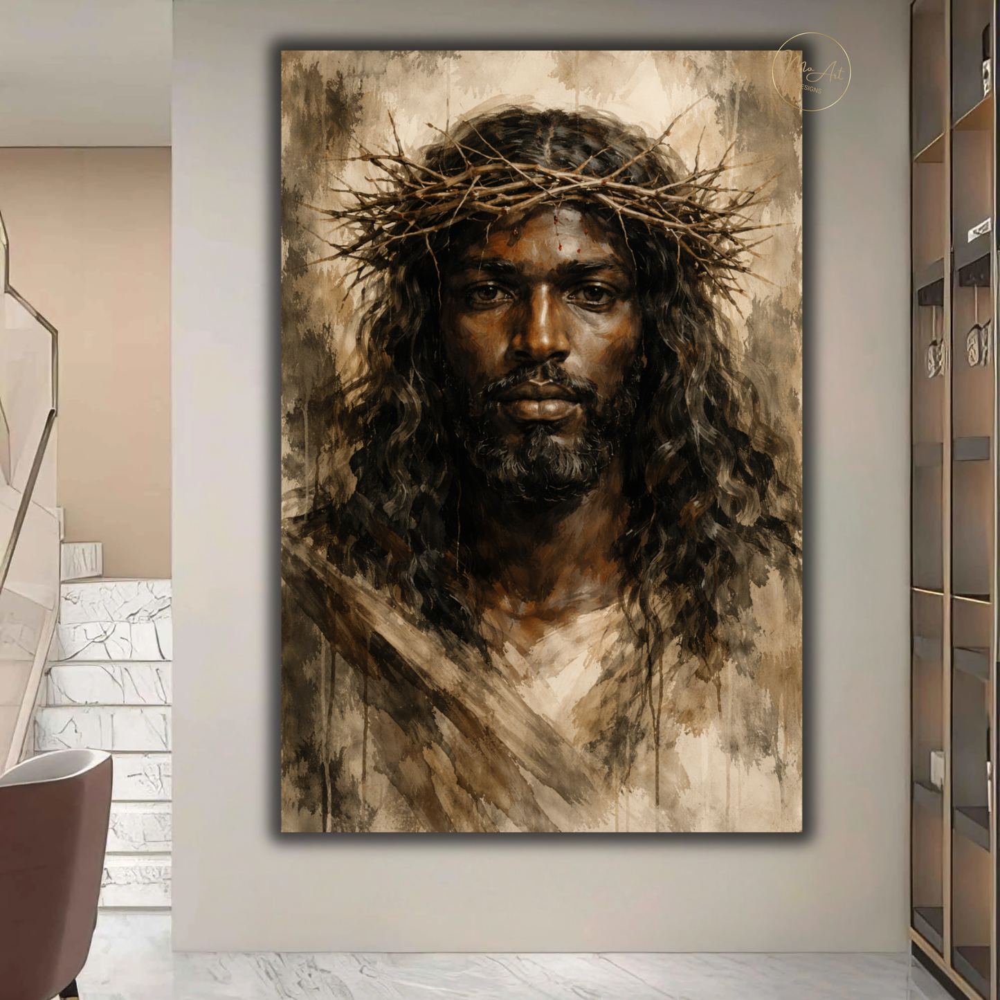 Black Jesus Wall Art – Neutral Abstract Christ Portrait with Crown of Thorns Canvas Print