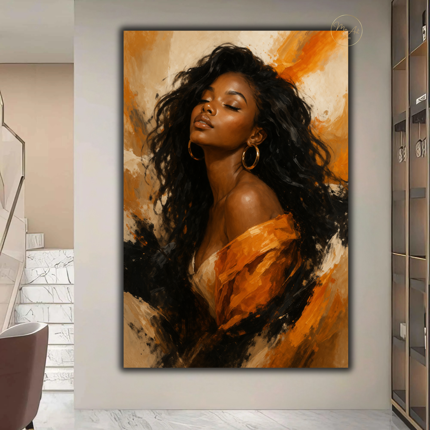 Black Woman Wall Art – Elegant Afrocentric Orange & Beige Abstract Canvas Print