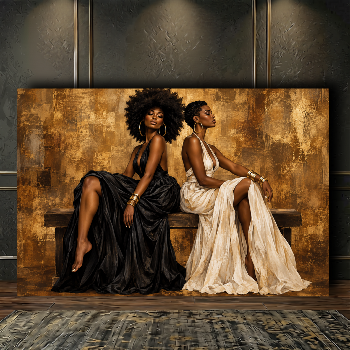 Black Women Wall Art – Essence of Sisterhood | Afrocentric Black & Gold Canvas Print