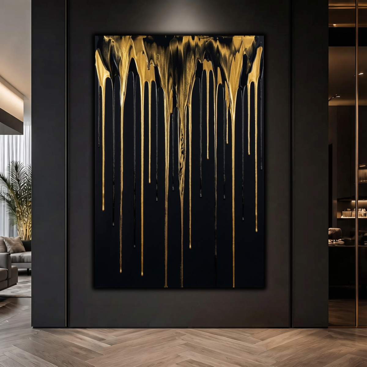 Abstract Modern Gold & Black Drip Canvas Print | Luxury Home Wall Decor