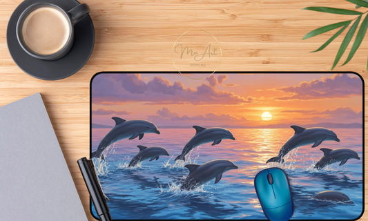 Sunrise Serenity with Swimming Dolphins Desk Mat / Mouse Pad