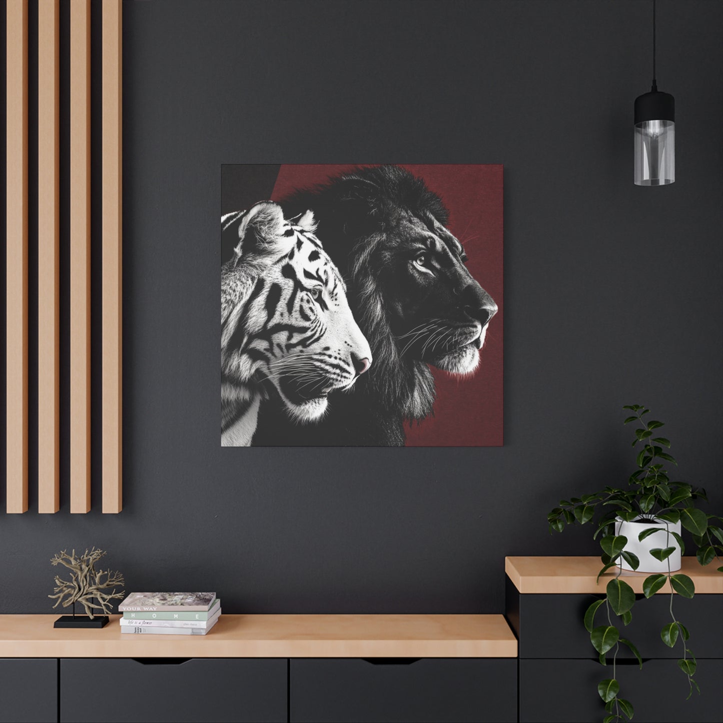 Black and White Lion and Tiger Heads Canvas Art