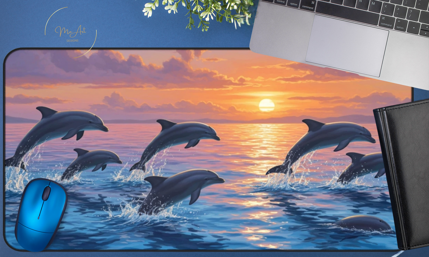 Sunrise Serenity with Swimming Dolphins Desk Mat / Mouse Pad