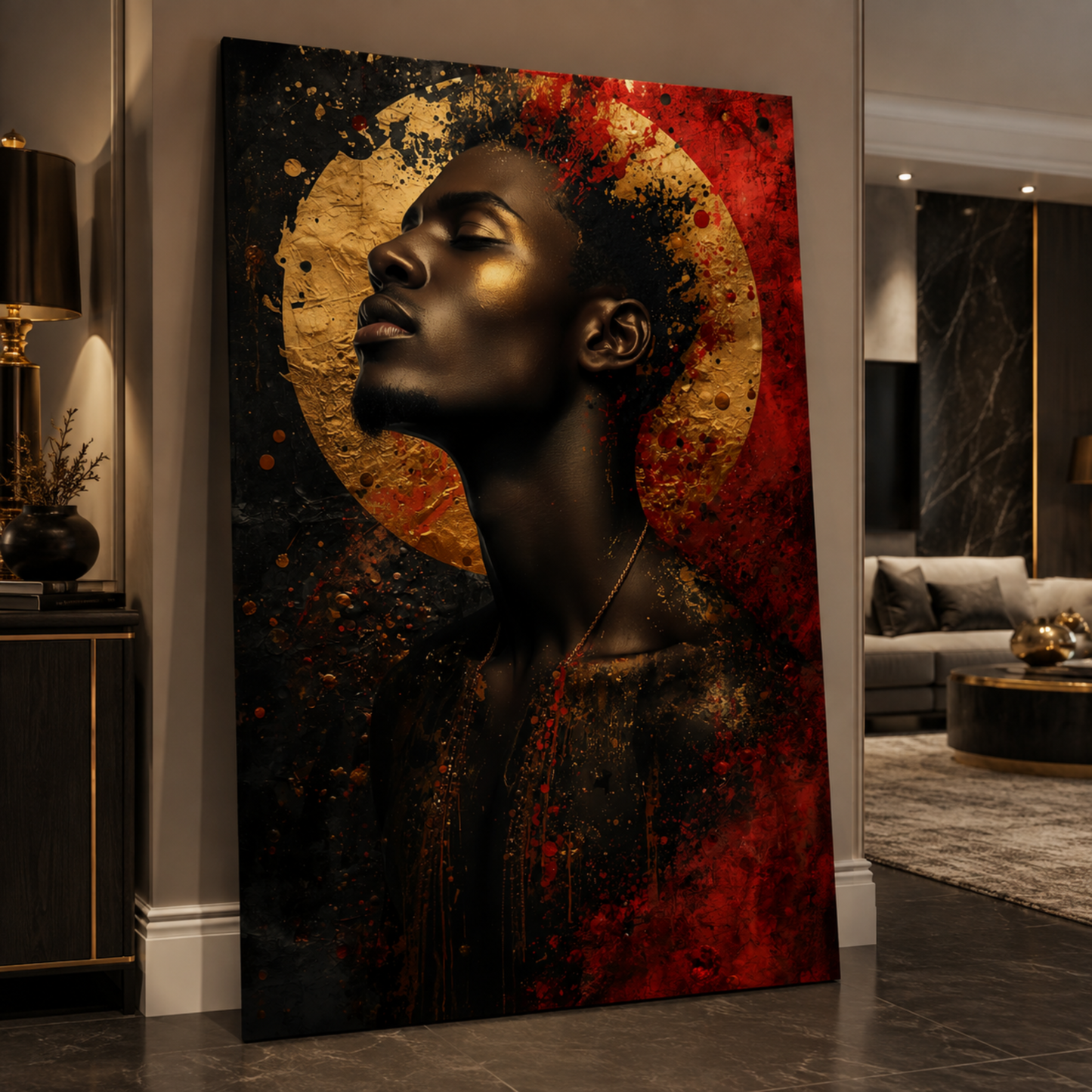 Black Man Wall Art – Abstract Black, Gold & Red Afrocentric Canvas Print