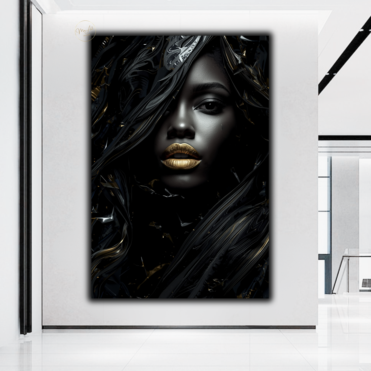 Black Woman Wall Art – Afrocentric Fashion Diva | Luxury Black & Gold Abstract Canvas Print