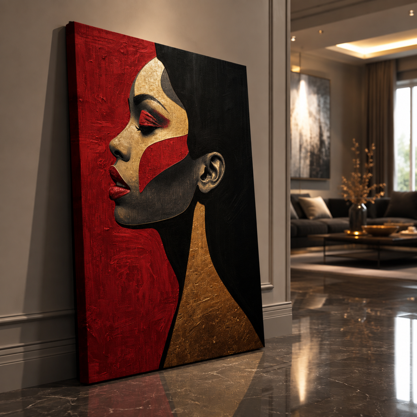 Black Woman Wall Art – Abstract Afrocentric Canvas Print | Black, Red & Gold Modern Wall Decor