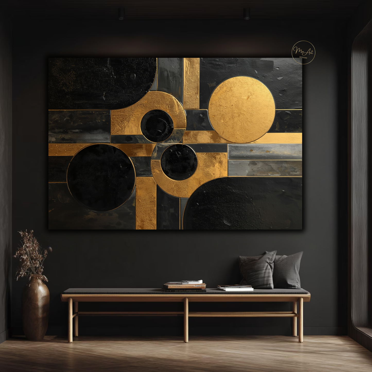Black & Gold Geometric Abstract Wall Art – Luxury Modern Circle & Square Canvas Print