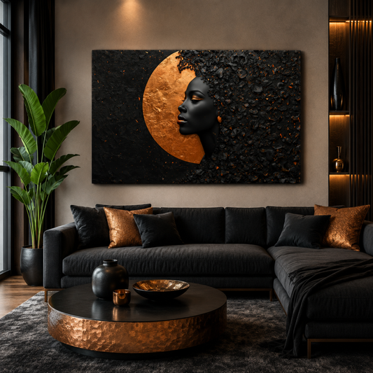 Black Woman Wall Art – Abstract Afrocentric Portrait in Black & Copper | Luxury African American Canvas Print