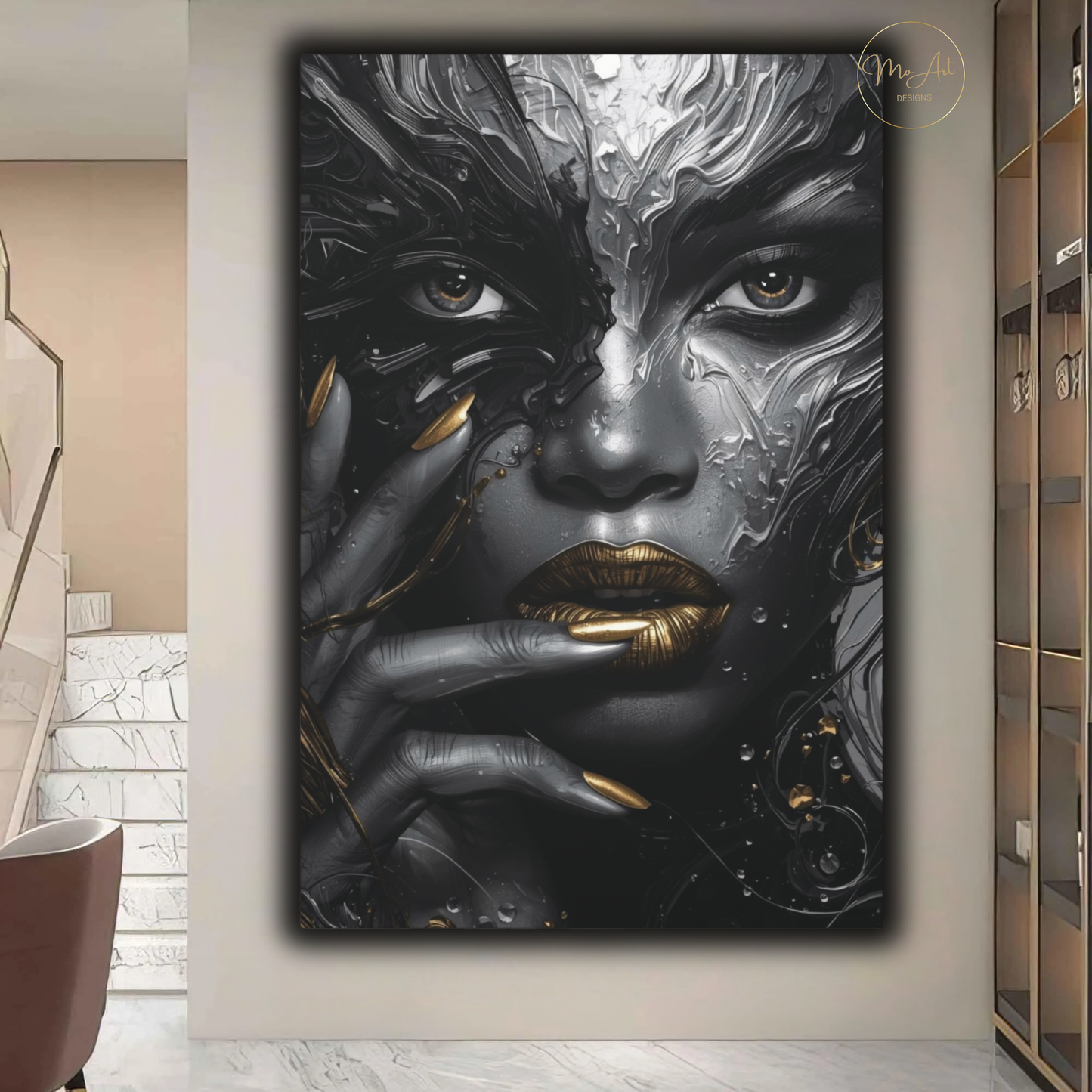 Black Woman Wall Art – Molten Beauty in Silver & Gold | Modern Luxury Canvas Print