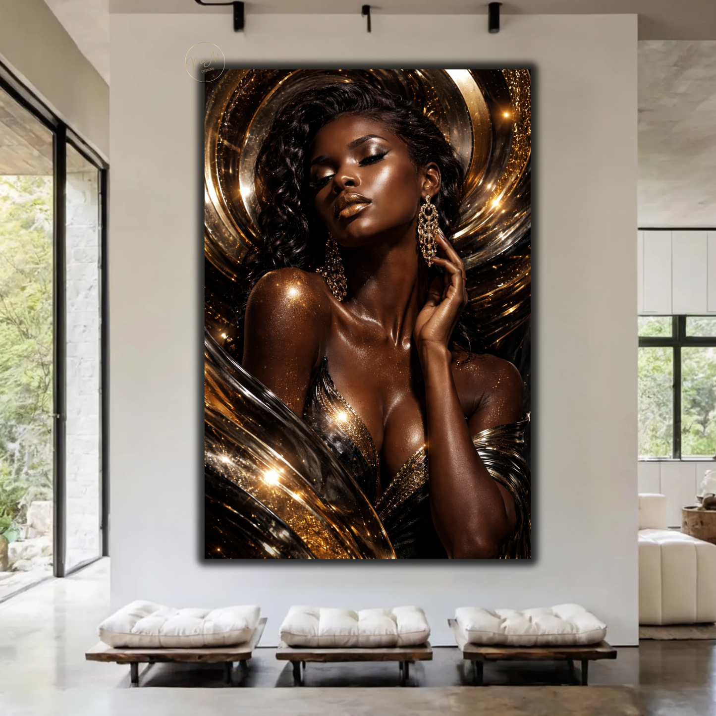 Black Woman Wall Art – Seductive Afrocentric Gold & Black Abstract Canvas Print | Elegant Luxury Home Decor