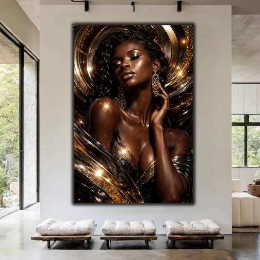 Black Woman Wall Art – Seductive Afrocentric Gold & Black Abstract Canvas Print | Elegant Luxury Home Decor