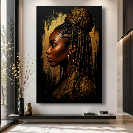 Black Woman Wall Art – Braided Afrocentric Queen in Black & Gold Canvas Print | Luxury African American Decor