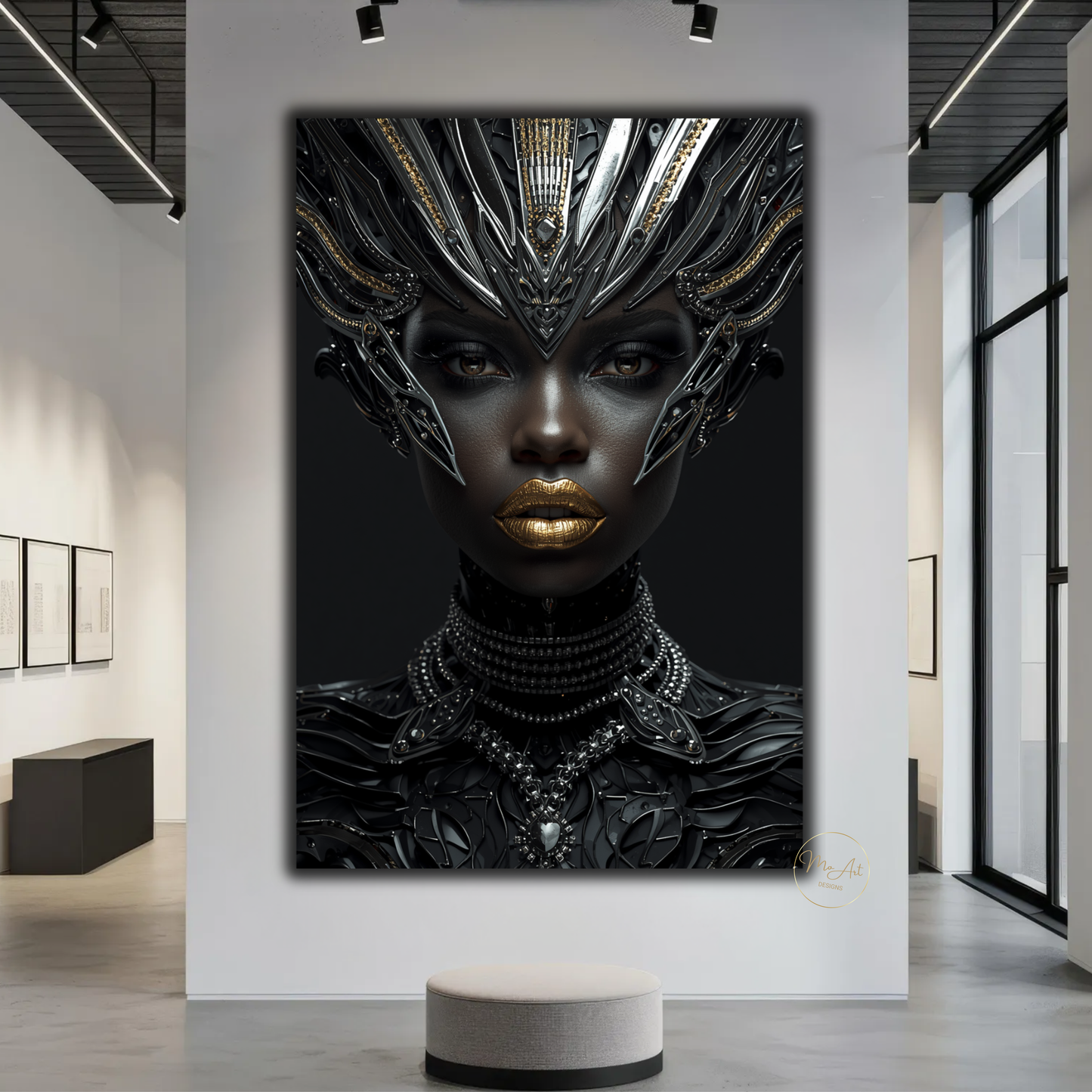 Black Woman Wall Art – Futuristic Afrocentric Warrior Queen / Black & Gold Canvas Print