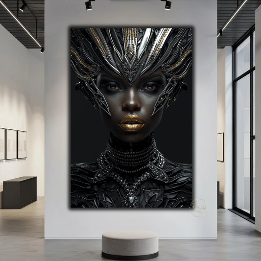 Black Woman Wall Art – Futuristic Afrocentric Warrior Queen / Black & Gold Canvas Print