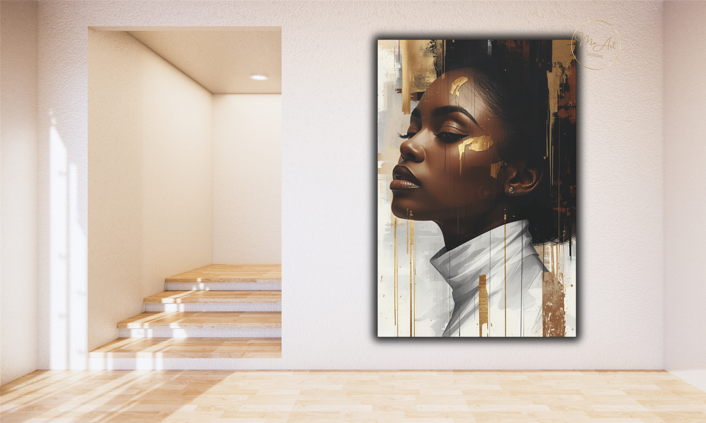 Abstract Black Woman Wall Art – White & Gold Elegance / Canvas Print