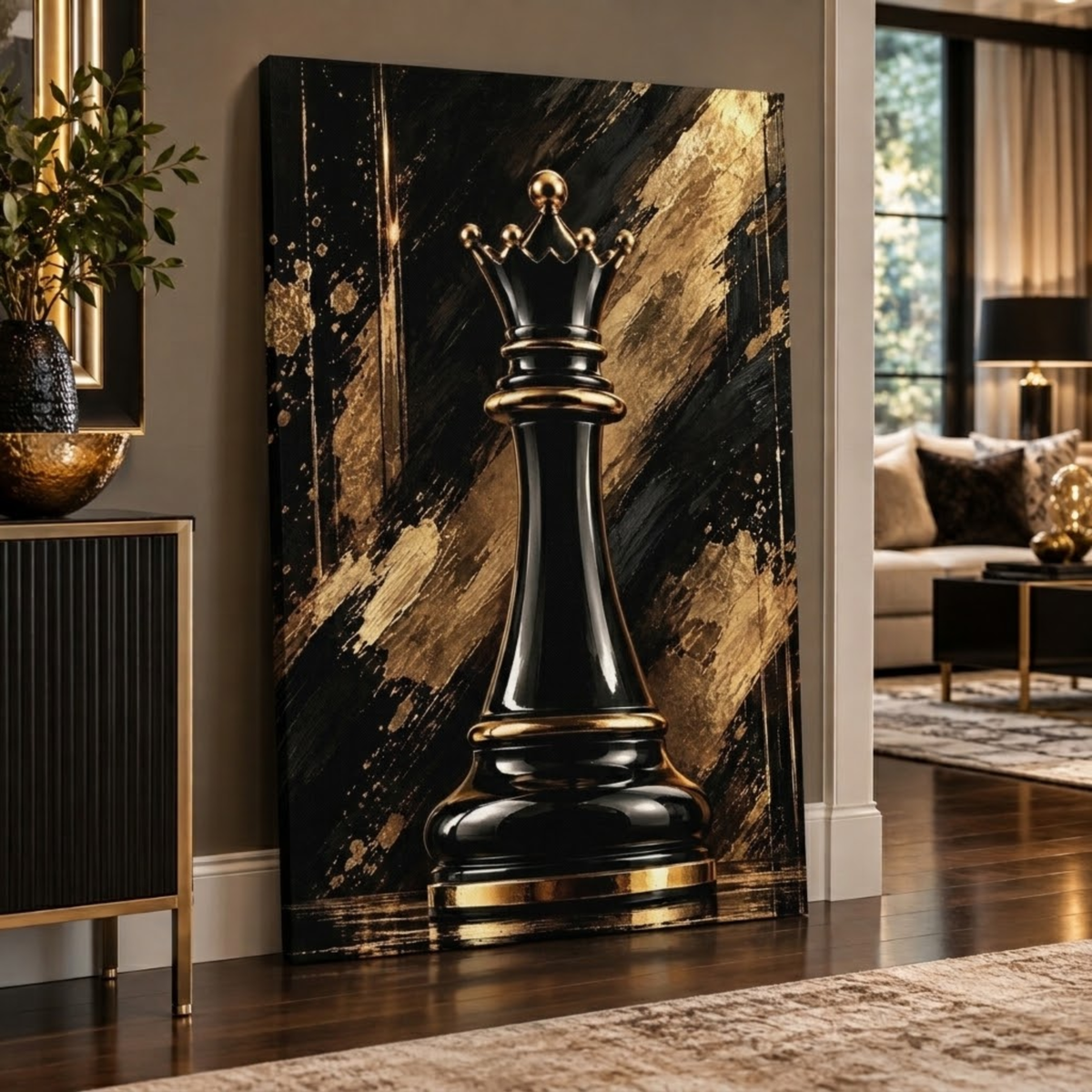 Black & Gold Queen Chess Piece Wall Art | Luxury Abstract Chess Canvas Print