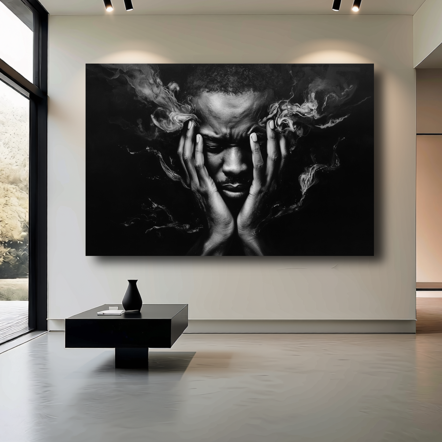Black Man Wall Art – Abstract Emotional Portrait Canvas Print | Black & White Modern Wall Decor
