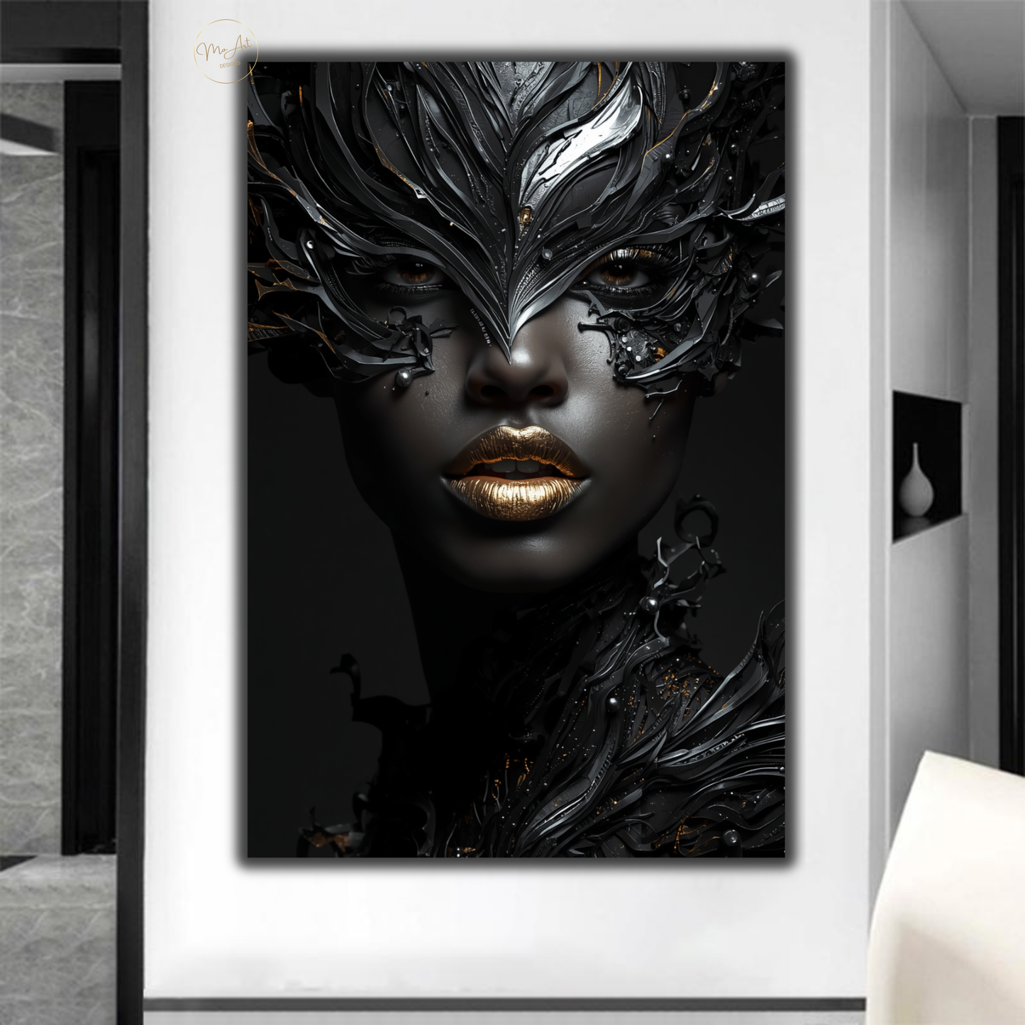Afrocentric Black Woman Wall Art – Modern Black, Silver & Gold Abstract Canvas Print