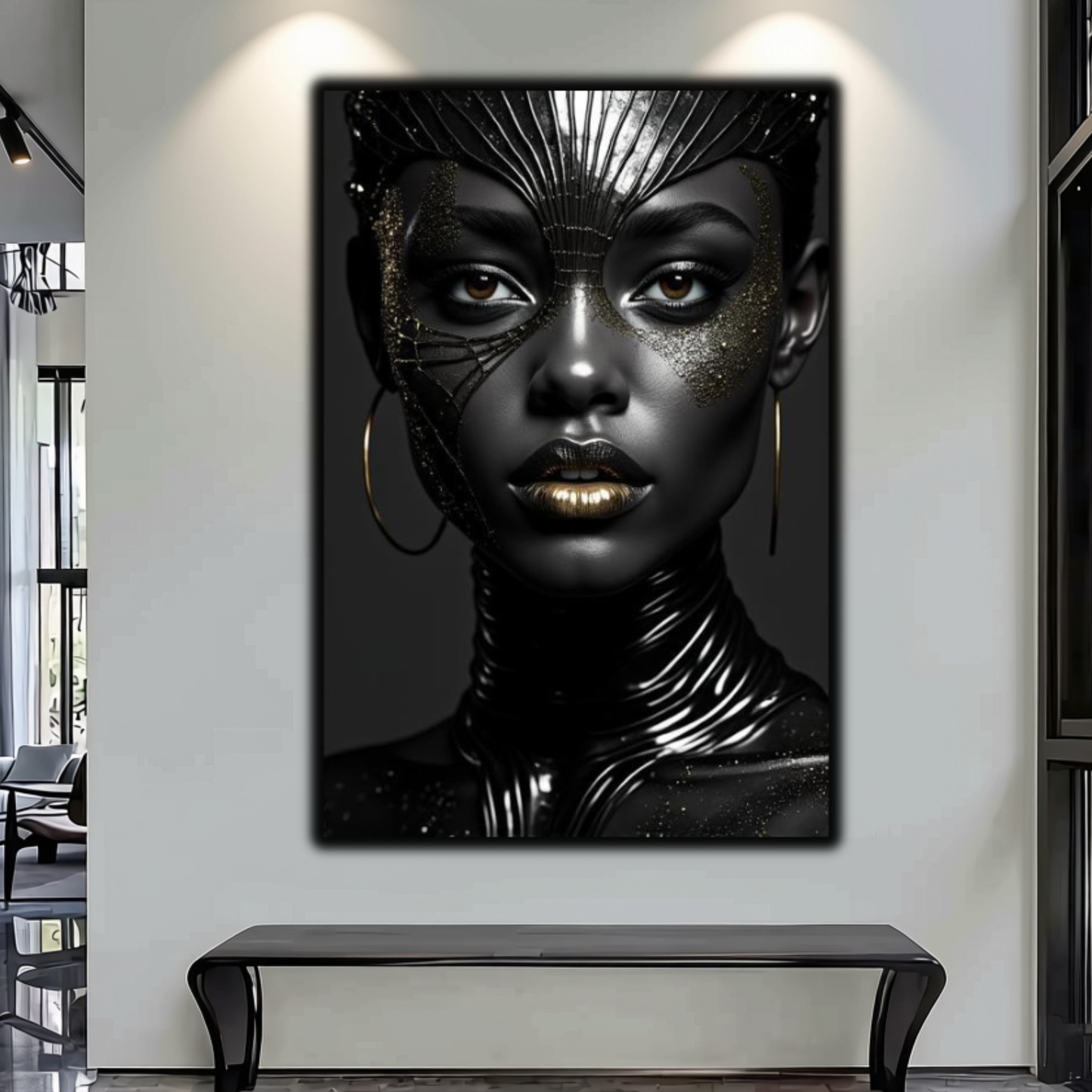 Black Woman Wall Art – High Fashion Afrocentric Gold & Black Canvas Print