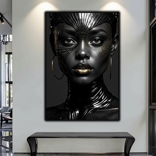 Black Woman Wall Art – High Fashion Afrocentric Gold & Black Canvas Print