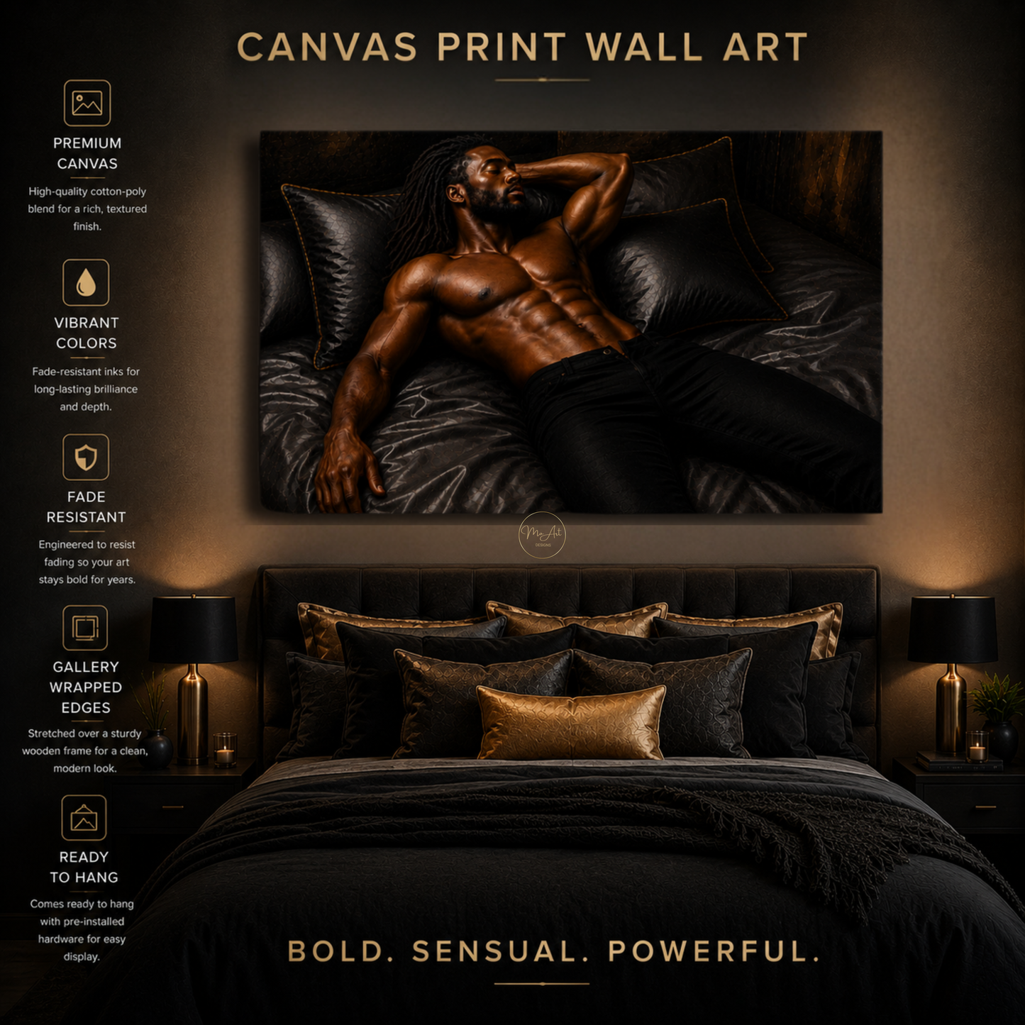 Black Man Wall Art – Sensual Black & Gold Masculine Canvas Print | Modern Luxury Bedroom Decor