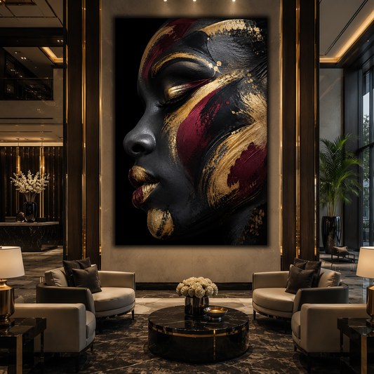 Black Woman Wall Art - Abstract Afrocentric Canvas Print | Black, Gold & Burgundy Home Decor