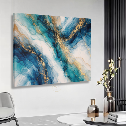 Blue Gold & Turquoise Marble Abstract Wall Art – Luxury Canvas Print