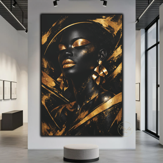 Black Woman Wall Art – Golden Goddess | Luxury Black & Gold Abstract Canvas Print