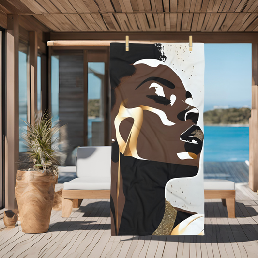 Black Woman Beach Towel | Elegant Afrocentric Gold & Neutral Abstract | (30” x 60” / 36” x 72”)