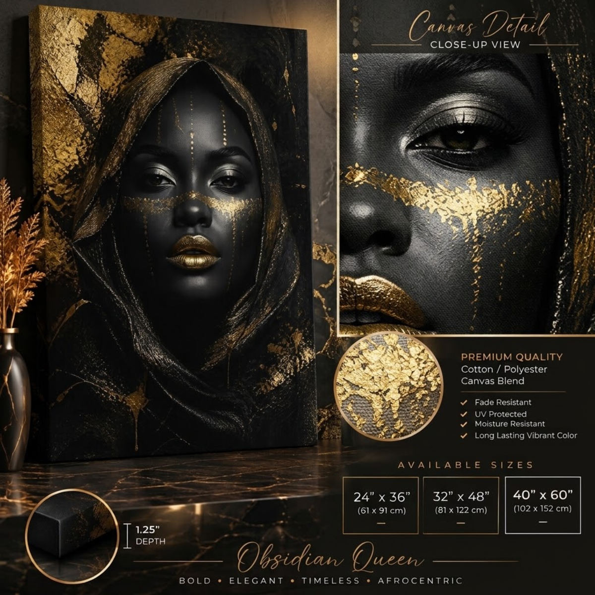 Black Woman Wall Art – Obsidian Queen | Black & Gold Luxury Portrait Canvas Print