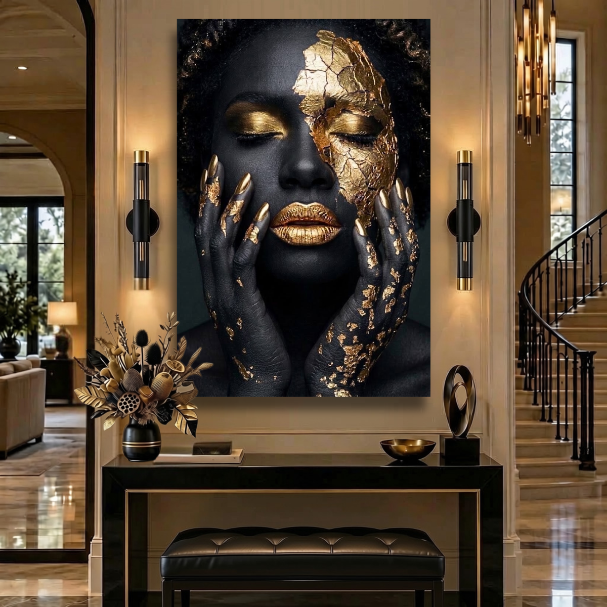 Black Woman Wall Art – Fractured Gold | Afrocentric Black & Gold Cracked Gold Leaf Canvas Print