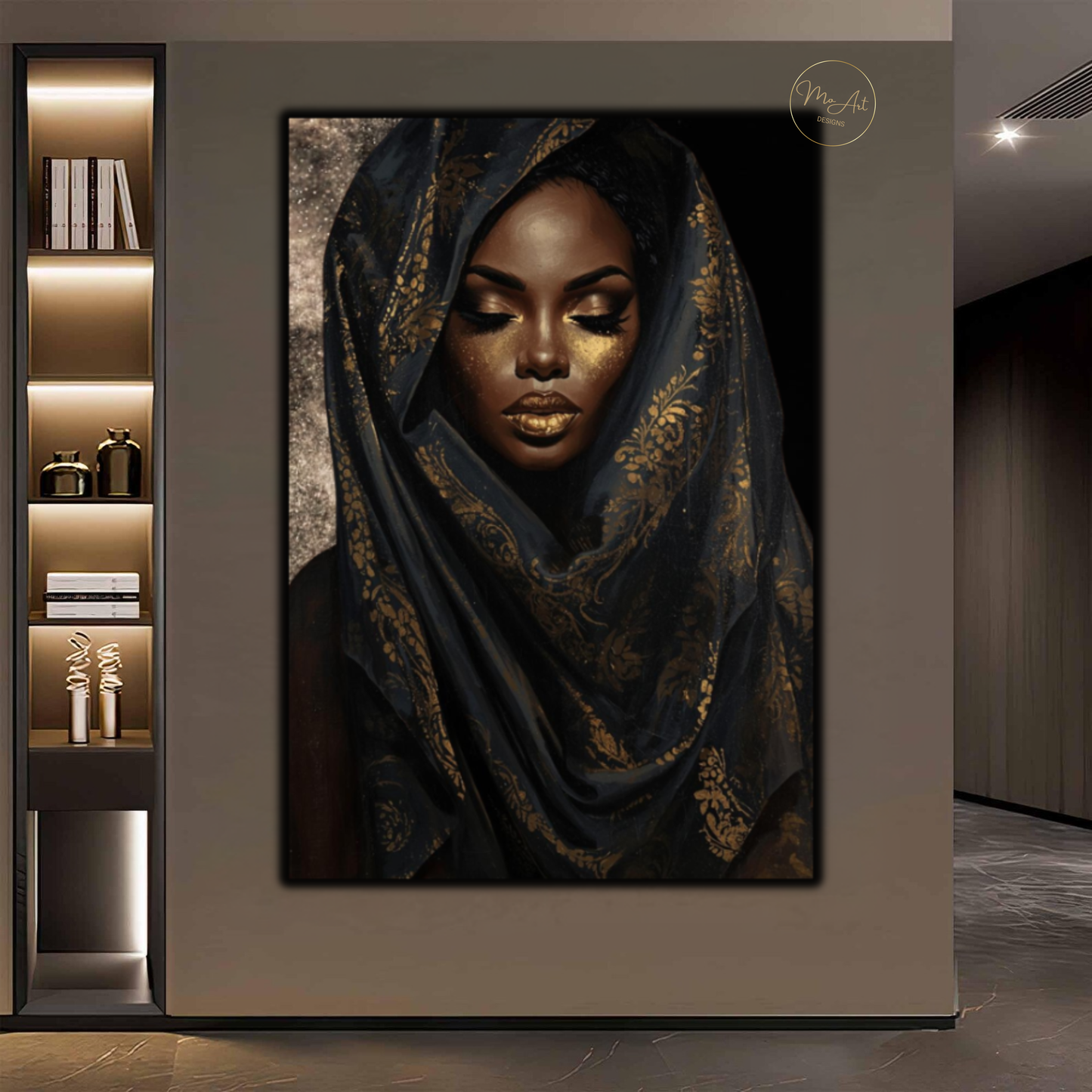 Black Woman Wall Art – Golden Veil Queen | Black & Gold Afrocentric Canvas Print