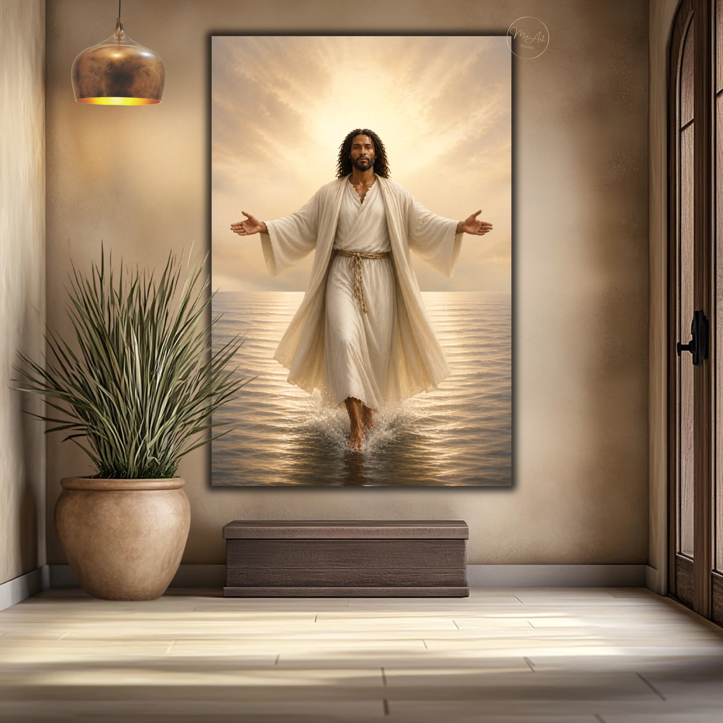 Black Jesus Wall Art - Jesus Walking on Water / Afrocentric Spiritual Canvas Print in Neutral Tones