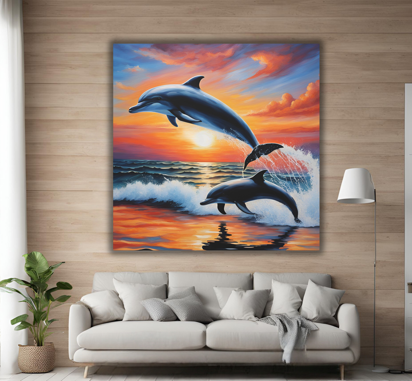 Dolphin Mother with Calf at Sunset - Canvas Wall Art