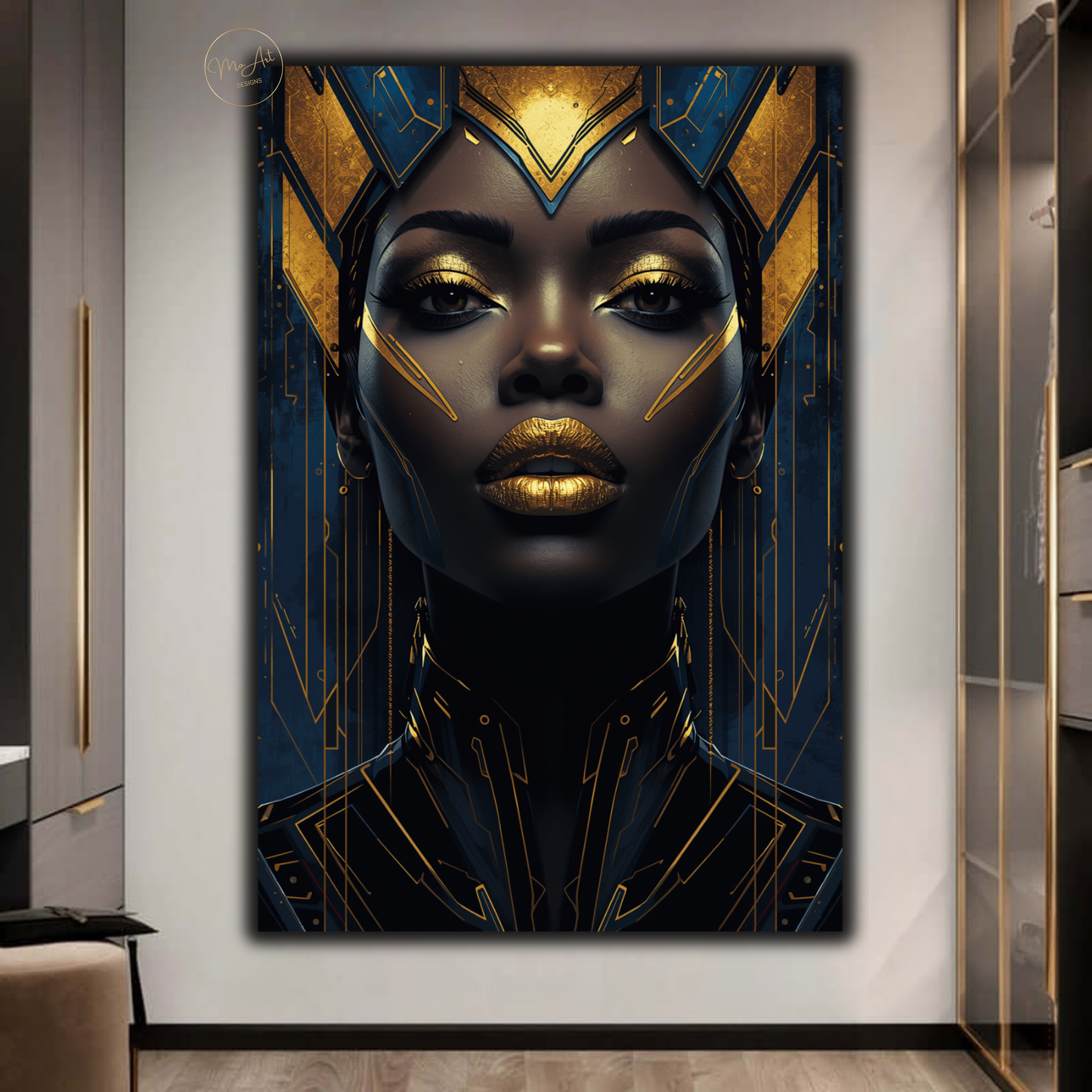 Black Woman Wall Art – Blue & Gold Afrocentric Queen Canvas Print
