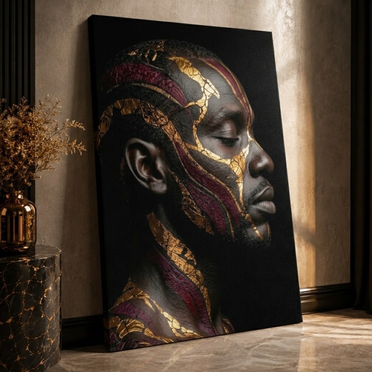 Black Man Wall Art – Serenity | Afrocentric Black, Gold & Burgundy Portrait Canvas Print