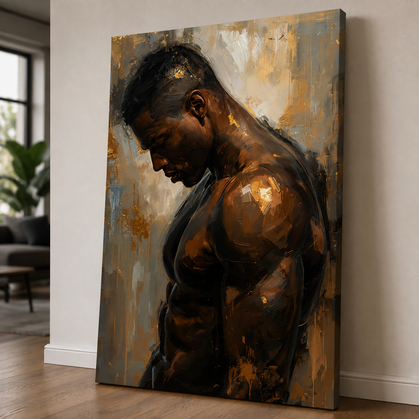 Black Man Wall Art – Sensual Afrocentric Canvas Print  | Modern Black & Gold Masculine Artwork
