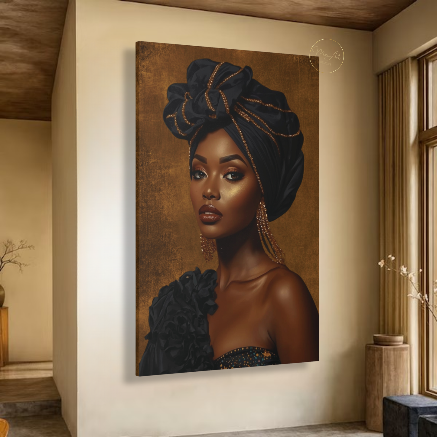 Black Woman Wall Art – Exquisite Beauty in Black & Gold Afrocentric Luxury Canvas Print