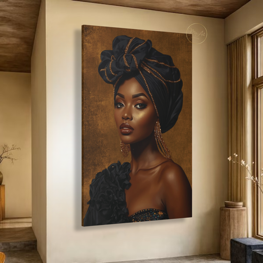 Black Woman Wall Art – Exquisite Beauty in Black & Gold Afrocentric Luxury Canvas Print