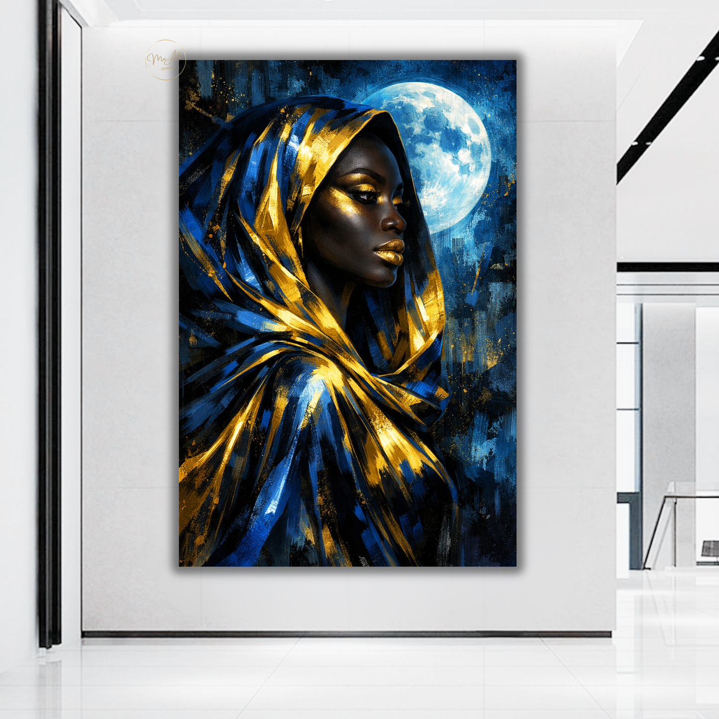 Black Woman Wall Art – Blue & Gold Afrocentric Moon Goddess Canvas Print