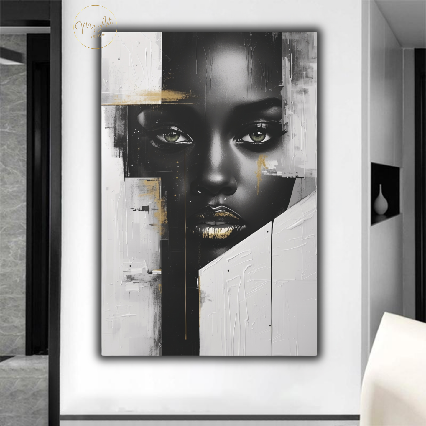 Black Woman Wall Art – Sovereign Gaze - Luxury Black, White & Gold Modern Canvas Print
