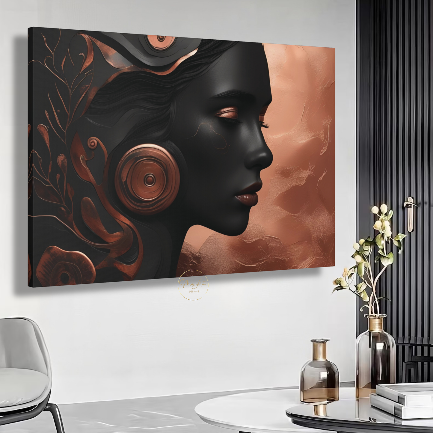 Black Woman Wall Art – Luxury Black & Copper Abstract Afrocentric Canvas Print