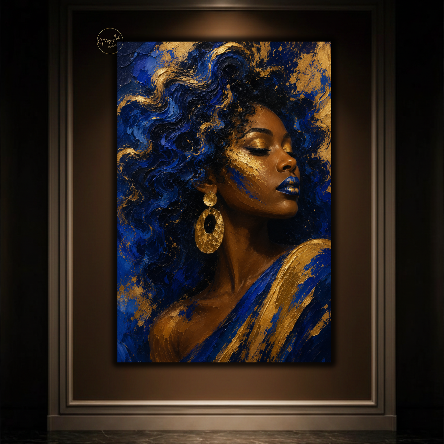 Black Woman Wall Art – Royal Blue & Gold Afrocentric Canvas Print | Abstract African American Woman Art