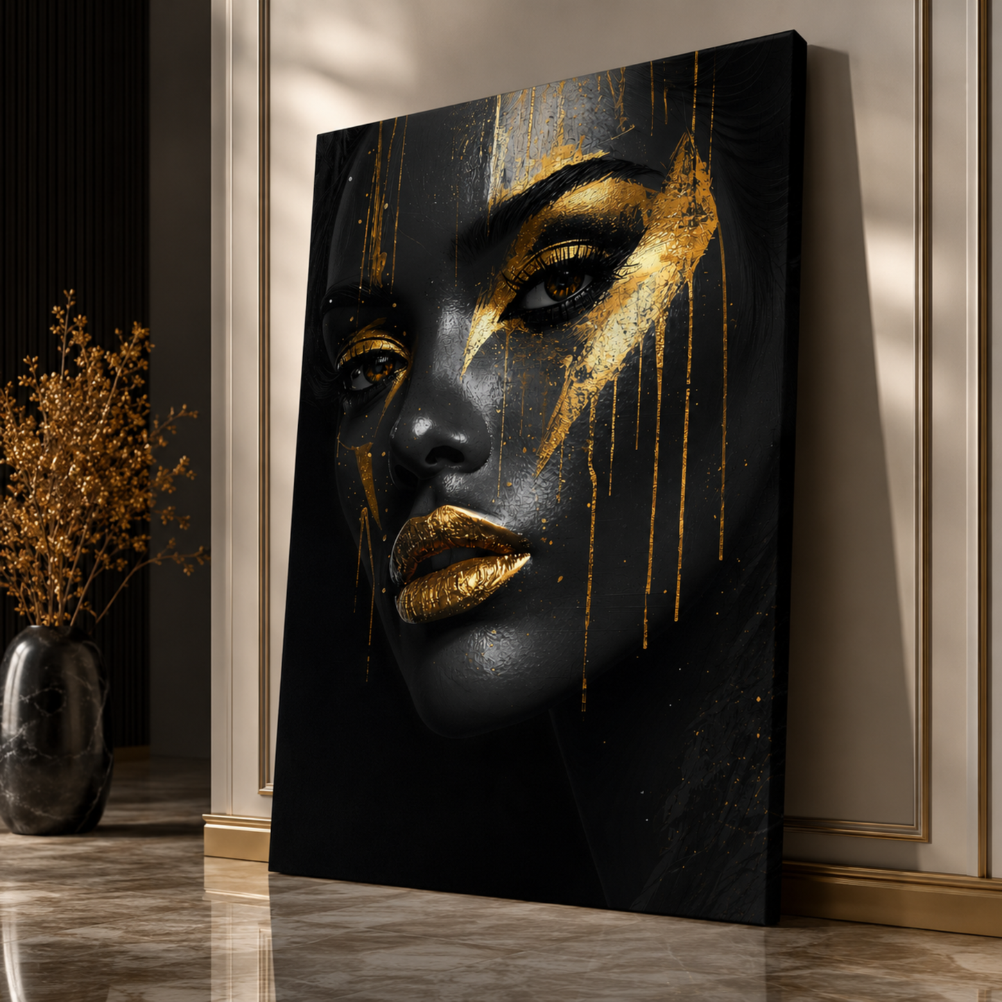 Black Woman Wall Art – Abstract Black & Gold Canvas Print | Luxury Afrocentric Wall Decor