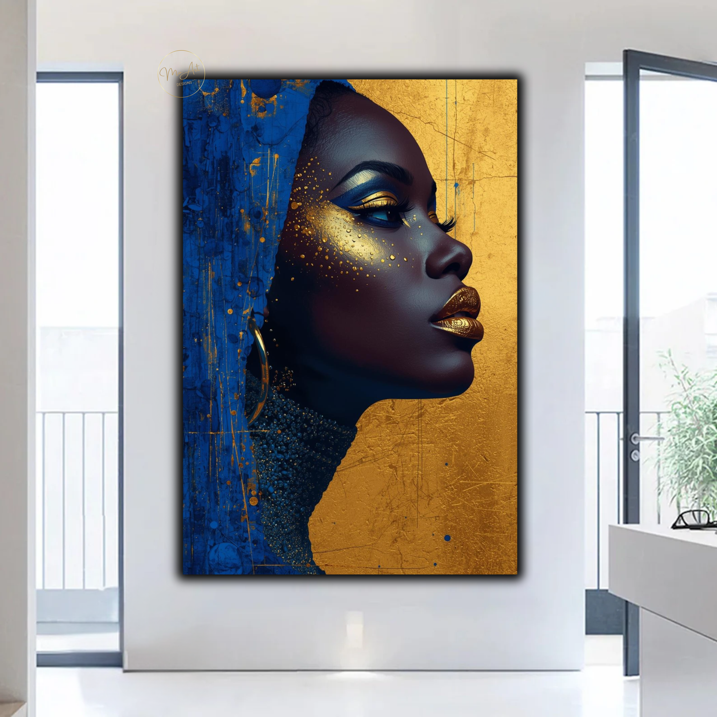 Black Woman Wall Art – Royal Blue & Gold Abstract Afrocentric Beauty Canvas Print