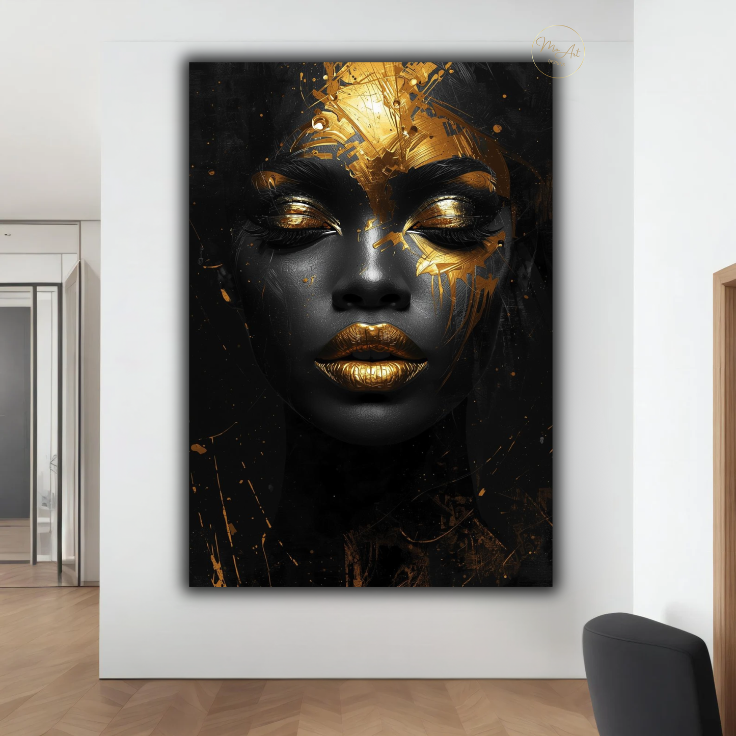 Black Woman Wall Art – Afrocentric Black & Gold Abstract Portrait Canvas Print